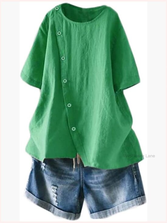 Tops - Linen Tunic Blouse Short Sleeve Button Front Top